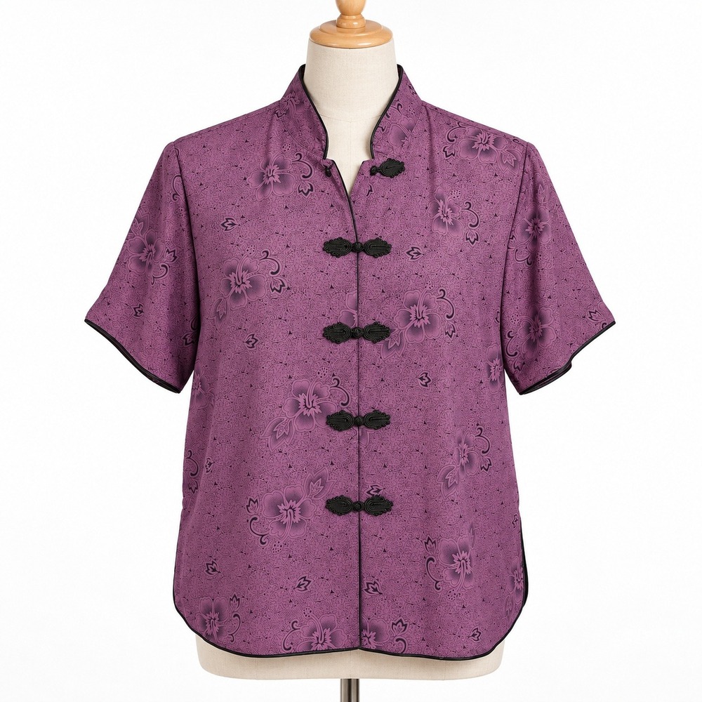 Richness Fashion Blouse Womens XL Purple Floral Frog Button Excellent Oriental